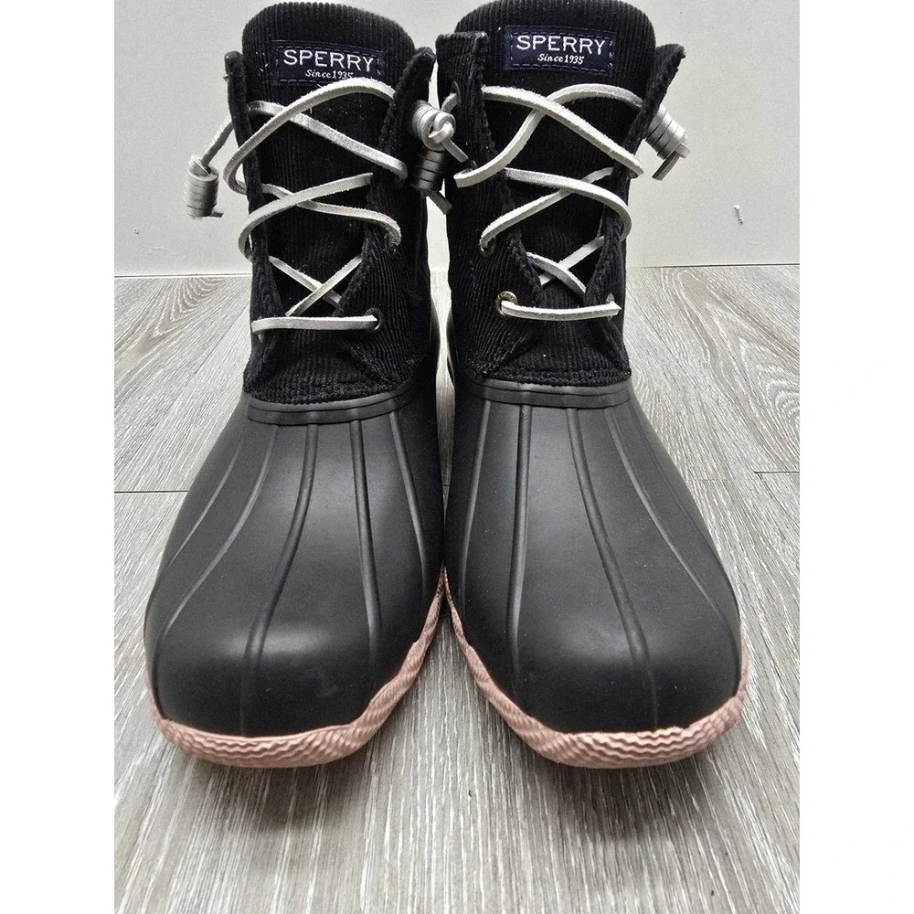 Sperry Saltwater Corduroy‎ Duck Boots Womens 7 Black Pink Side Zip STS85323